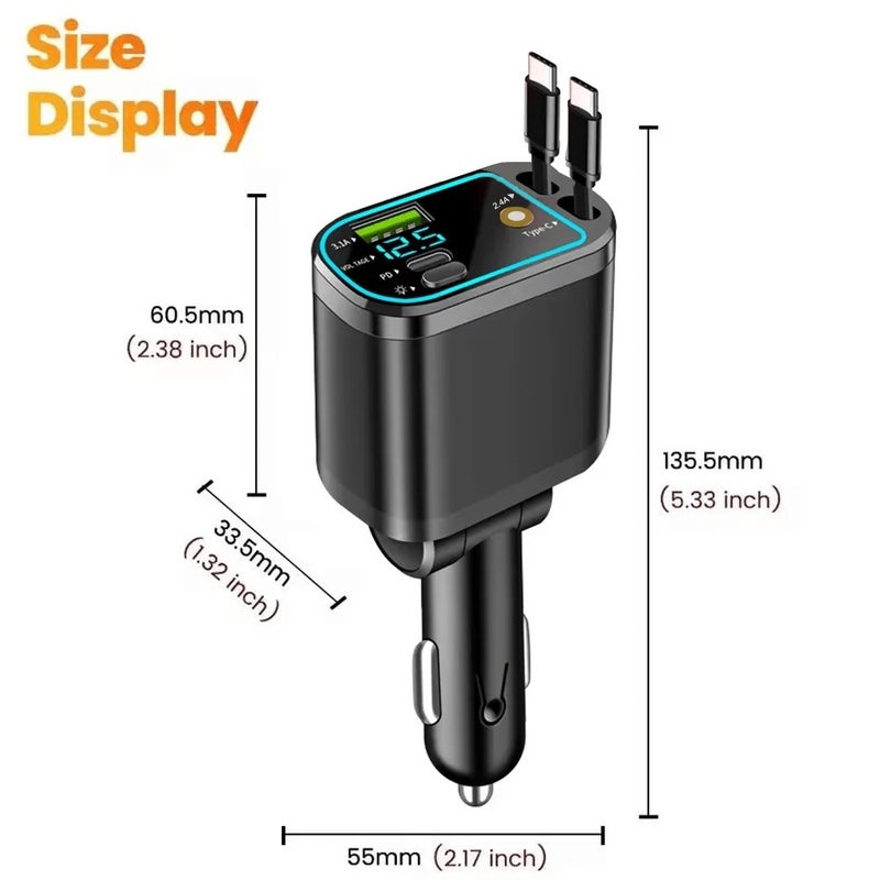 Bluejw 69W PD Fast Car Charger, 6-in-1 Retractable USB Type C Adapter with Starlight, Automobile Charger for Phones & Smart Watches - Image 3